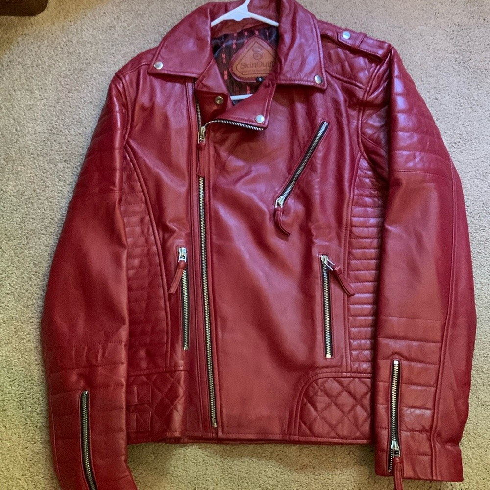 Small, dark red, SkinOutfit leather jacket.